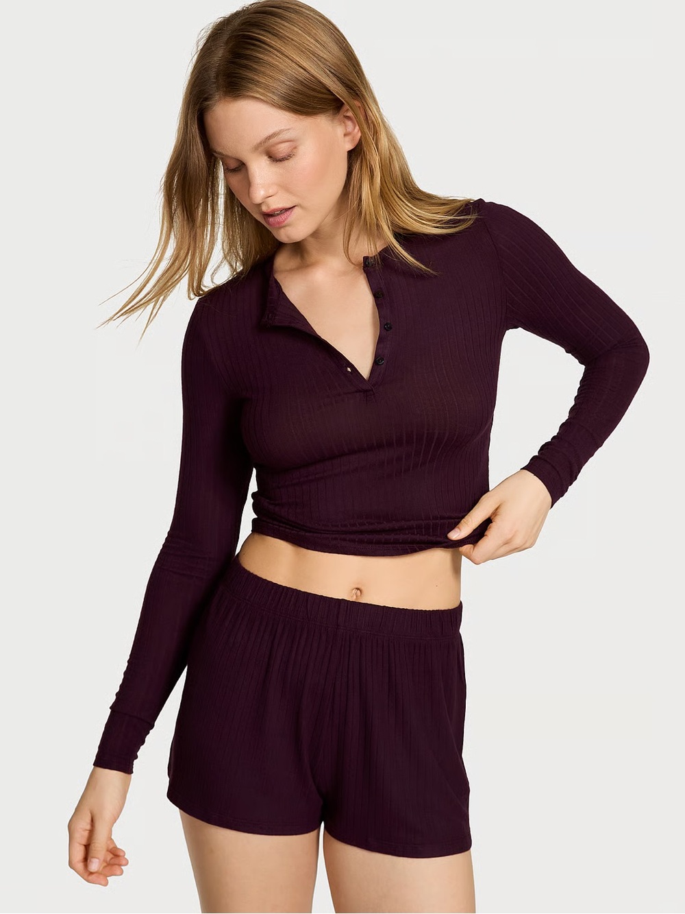 Victoria Secret SoSoft Longsleeve Henley & Shorts Set - Deep Plum - Size Small
